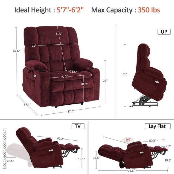 dimension image slide 4 of 5, MCombo Dual Motor Power Lift Recliner Chair with Massage and Heat for Big People, Fabric R7891 (Large-Wide)