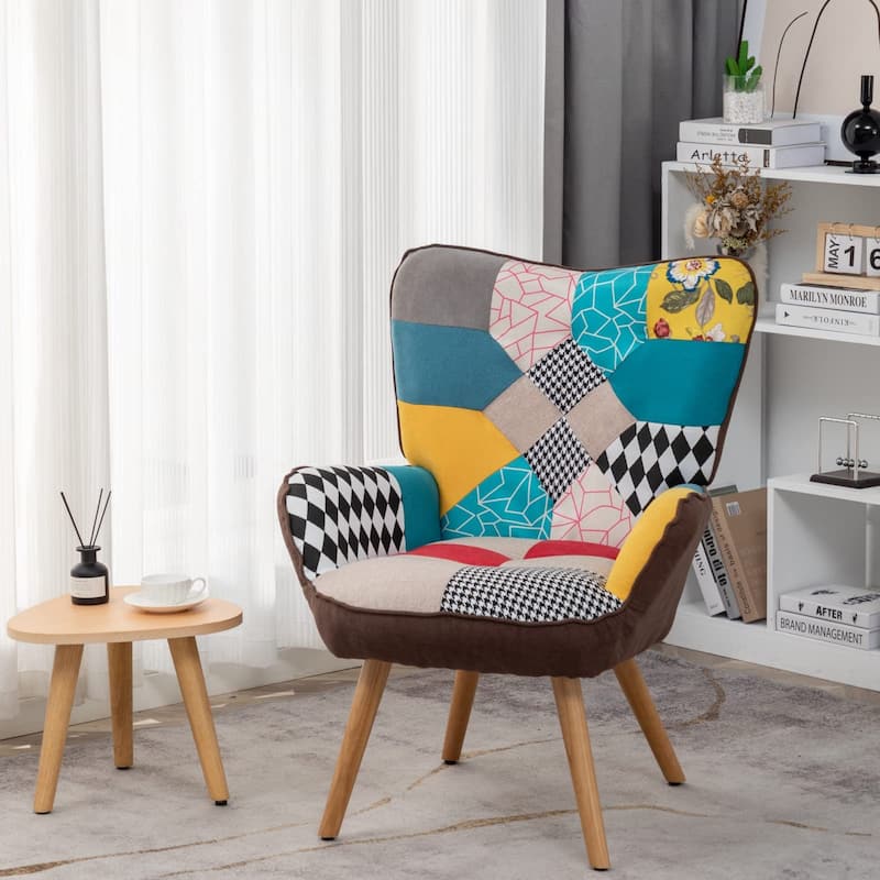 HOMYKA 30" Patchwork Camelback Accent Chair with Colorful Fabric - Set 1 - Blue - Stitching
