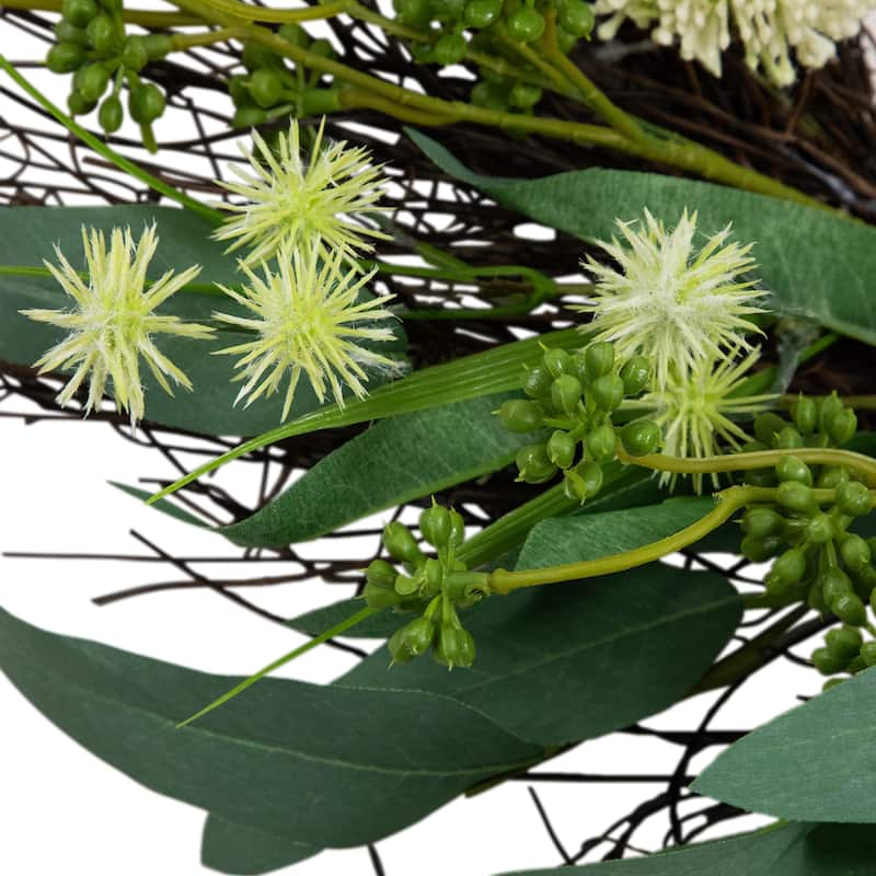 Eucalyptus and Sweet Gum Flowers Twig Spring Wreath - 24" - Green and White