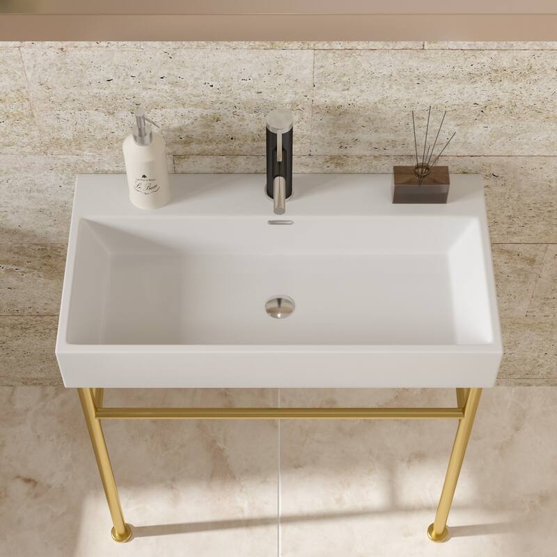 Console Sink with Stainless Steel Support Legs, Porcelain Sink for Bathroom, Hotel & Commercial Use, Overflow Drain Included