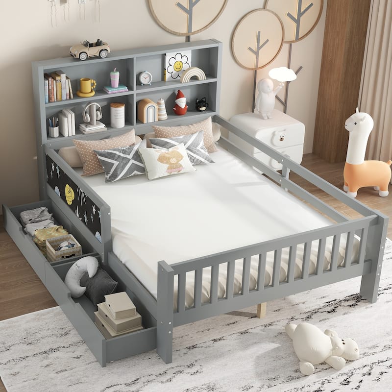 Childlike Fun Solid Wood Low-profile Platform Bed Storage Bed Frame with Side Chalkboard, Open Shelves, Drawers and Guardrails - Grey - Full