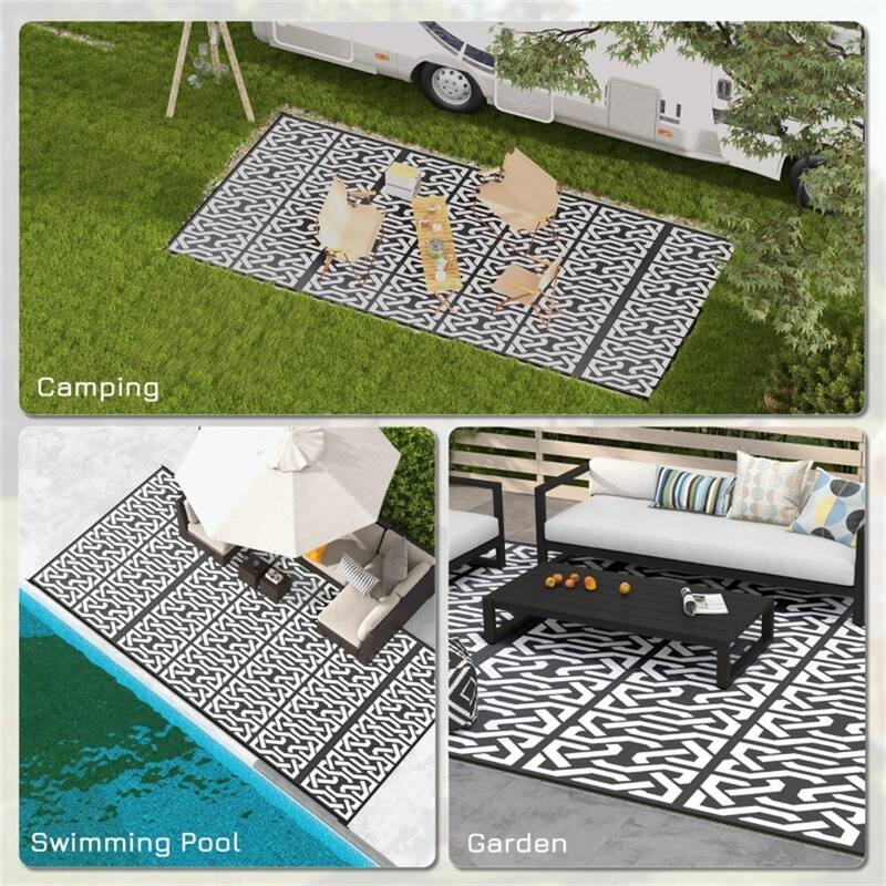 Black & White Chain Pattern Outdoor Rug Waterproof, Foldable Reversible, Portable Picnic Camping, Beach Mat with Carry Bag