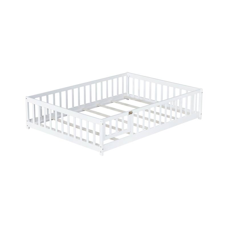 White Full Size Wooden Floor Bed with Fence & Door, Rubber, Safety Guardrails