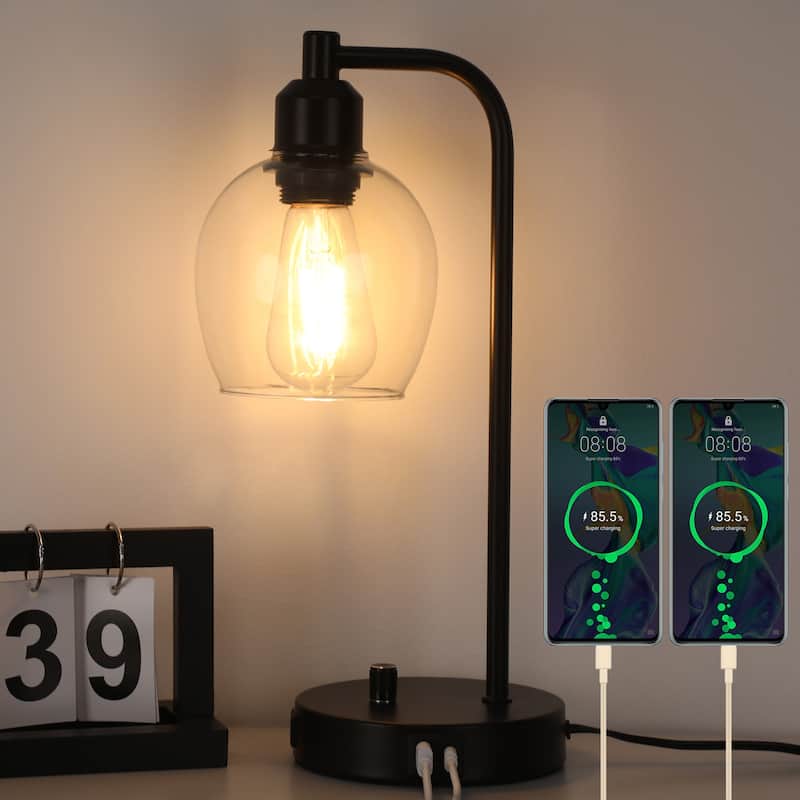 14.5 in. Industrial Table Lamp with Glass Shade with USB Port and Outlet