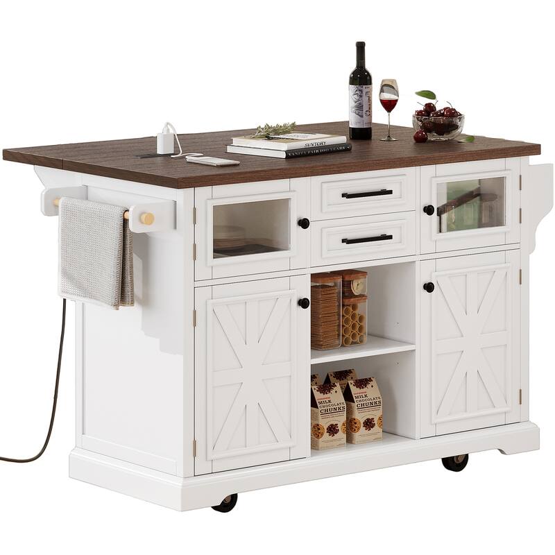 Farmhouse 54.9" Kitchen Island with Drop Leaf and Power Outlet, Stylish Storage Cart with Barn Doors
