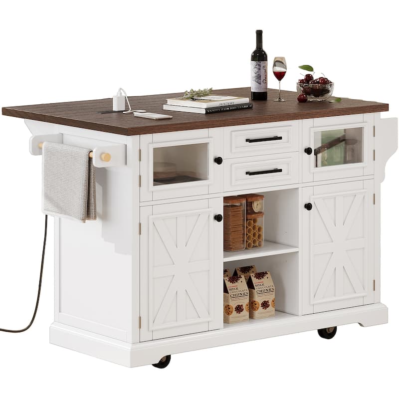 Kitchen Island with Drop Leaf, Power Outlet and 4 Door Shelves
