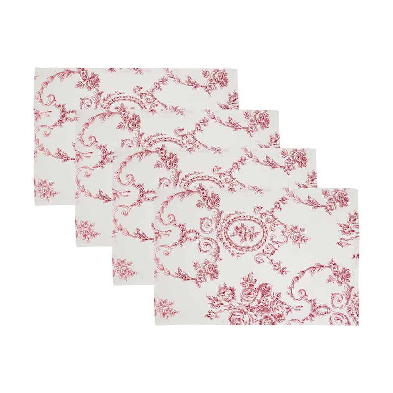 Toile Linen-Blend Placemats (Set of 4) - Vintage Floral Print for Dining Tables & Layered Place Settings, 14"x20"