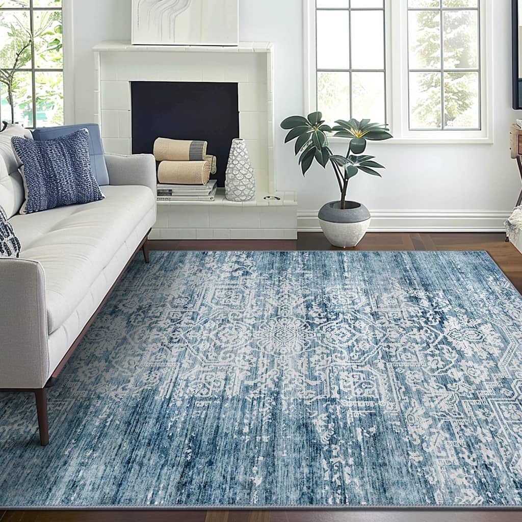 Mcow Floral Pattern Low-Pile Machine-Washable Non-Slip Area Rug - 8' x 10'