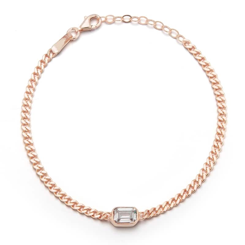 Soleil Sterling Silver Emerald Cut CZ Curb Chain Bracelet - Rose