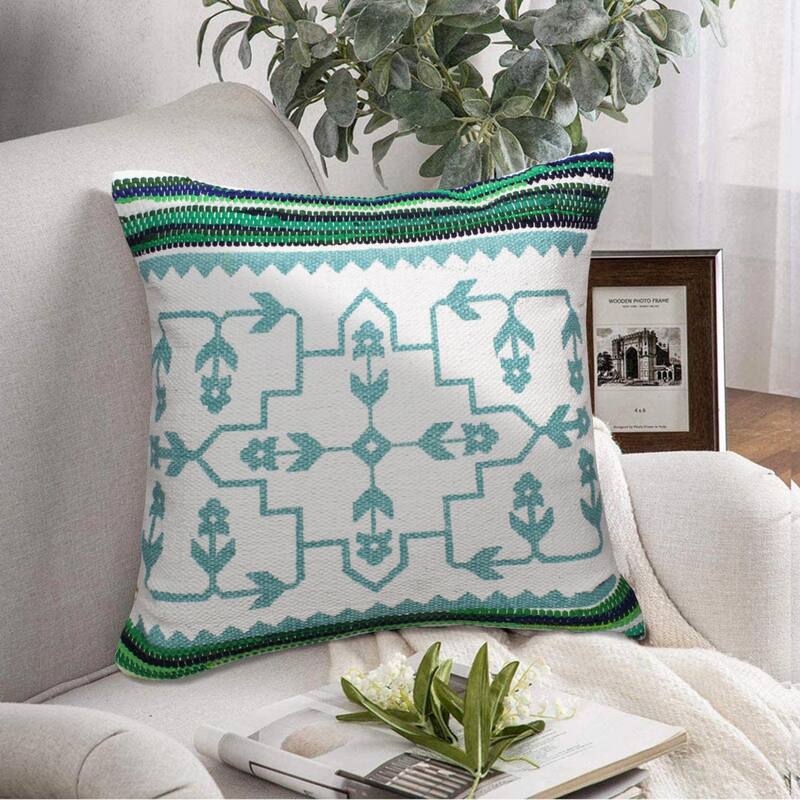 HomeRoots 20" X 20" Green White And Blue 100% Cotton Geometric Zippered Pillow