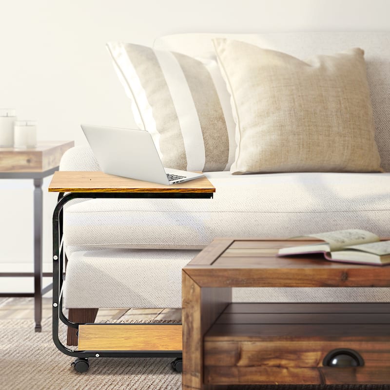 16.93" Side Desk with Wheels Roling Stand Table Small Snack Tables for Living Room, Bedroom - Natural Wood - Reclaimed Wood
