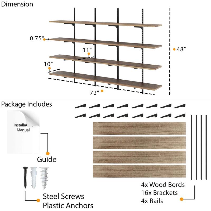 Wallniture Turin 72" Wall Mounted Shelves with Adjustable Brackets, Floating Shelves for Living Room & Office Decor, 2,3,4 Tier