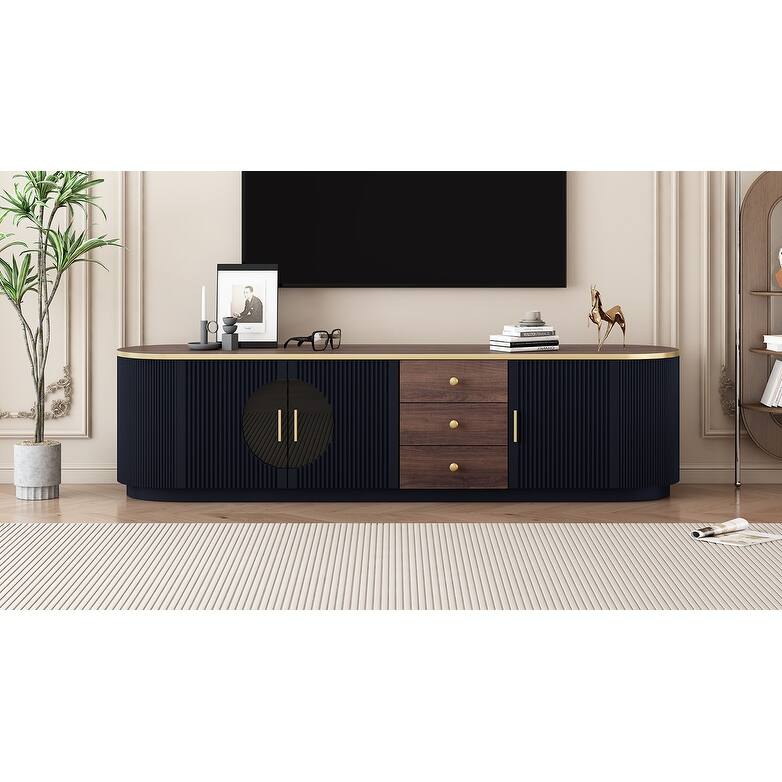 Modern Minimalist TV Stand, for TVs up to 80 Inches with 3 Drawers, Metal Handles and 2 Cabinets, for Living Rooms, Black