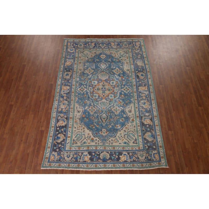 Antique Distressed Over-Dyed Tabriz Persian Rug Handmade Wool Carpet - 6'5" x 9'10"