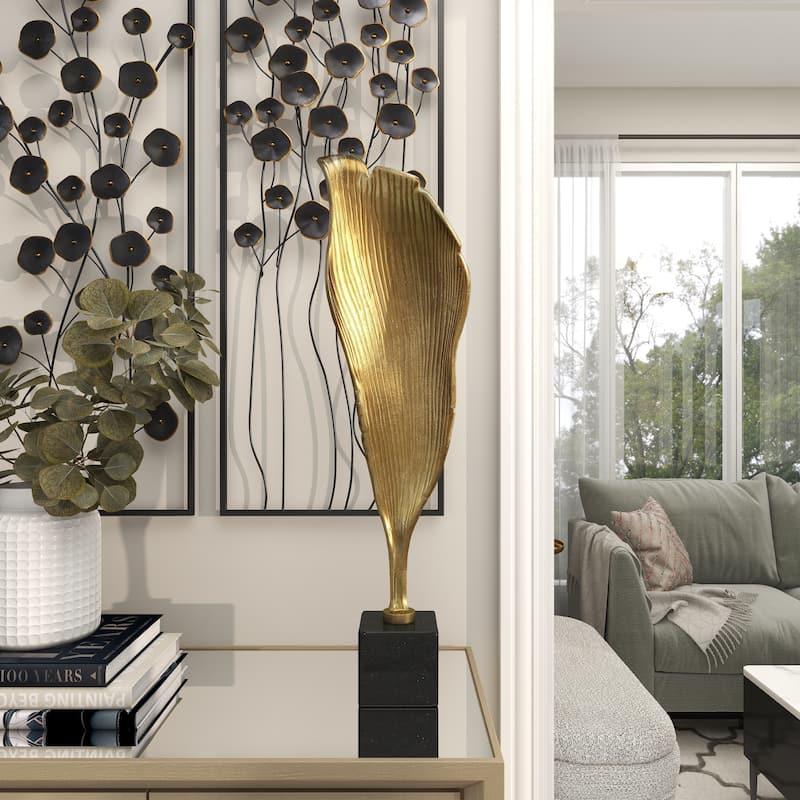 Gold Aluminum Metal Textured Leaf Abstract Sculpture with Black Marble Base
