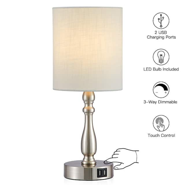3-Way Dimmable Touch Control Small Table Lamp with 2 USB Port, Brushed Steel - Small - Brushed Nickel