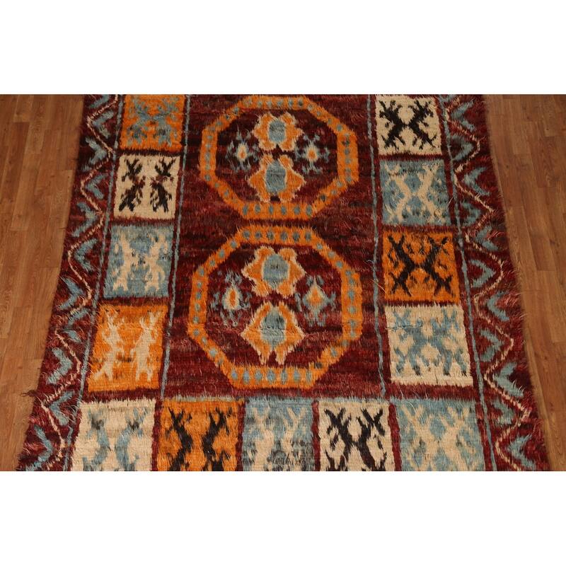 Hand Knotted Oriental 100% Wool Carpet Modern Tribal Red Moroccan Area Rug - 9' 9'' X 6' 8''