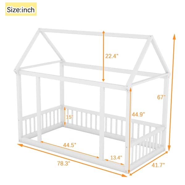 dimension image slide 1 of 3, Twin Size Floor Kids Bed with House Roof Frame and Guardrails, White
