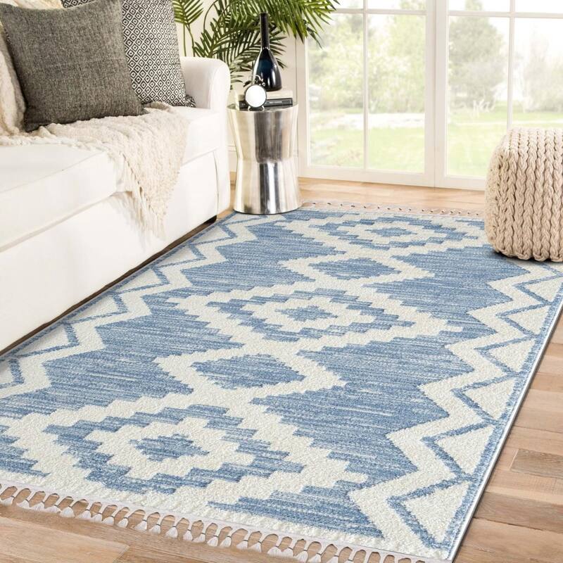 Luxe Weavers South Western Geometric Diamond Area Rug, Indoor Fringe Carpet - 8' x 10' - Blue