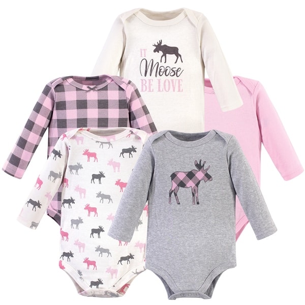 slide 1 of 1, Hudson Baby Infant Girl Cotton Long-Sleeve Bodysuits 5pk, Pink Moose 3-6 Months - Pink Moose 5-Pack