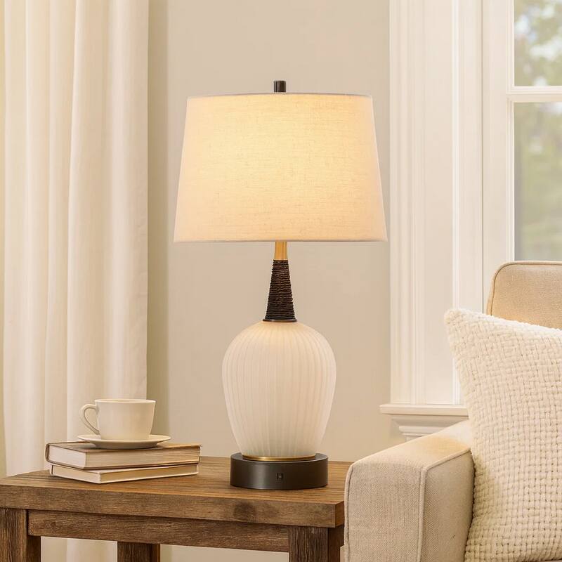 Wenu 29 Inch Table Lamp, Accent Frosted Glass Base, White Fabric Shade