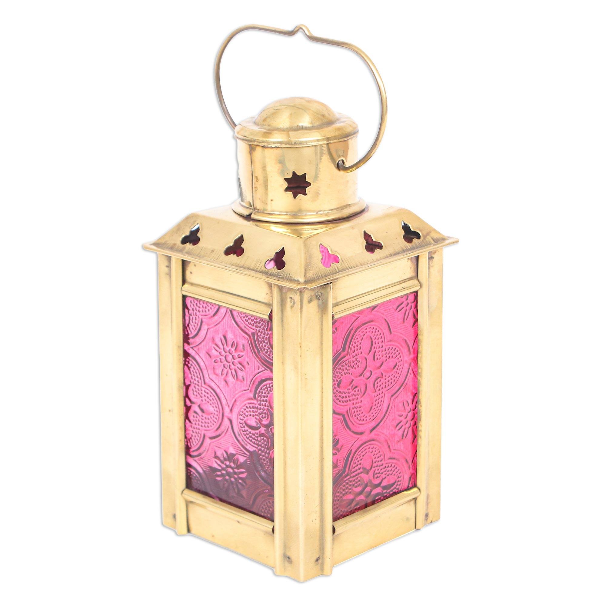 Novica Handmade Lantern In Red Glass And Brass Tealight Holder Bed