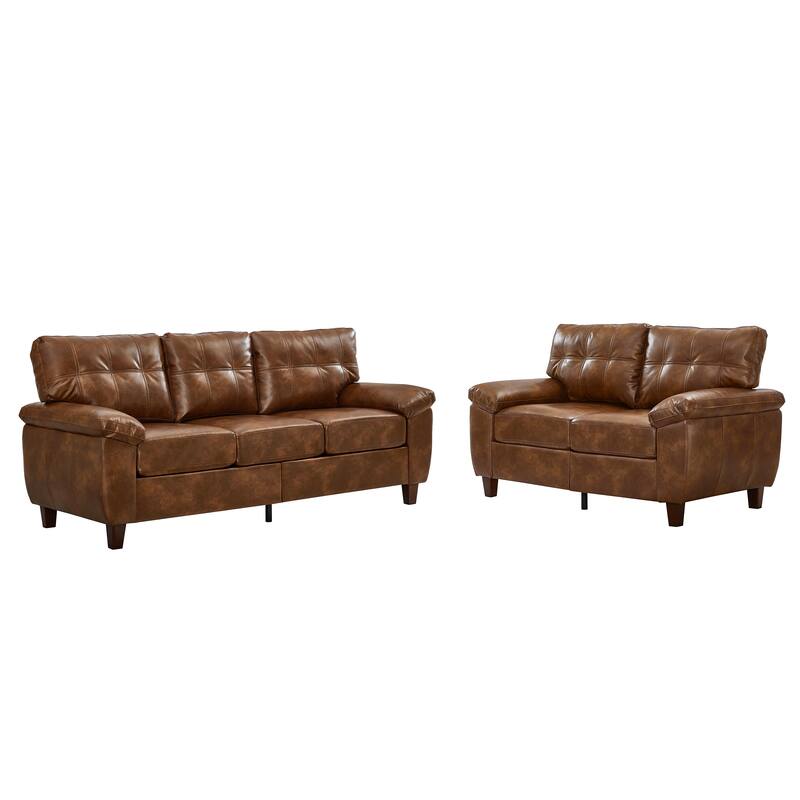 Faux Leather Upholstered Sofa Set of 2 with Loveseat and 3 Seater Couch, Breathable PU Leather Sofa with Storage and Big Armrest