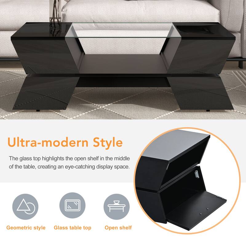 Glass-Top Coffee Table with Open Storage Shelves and Cabinets, Rectangular Cocktail Table 2-Tier Center Table for Living Room