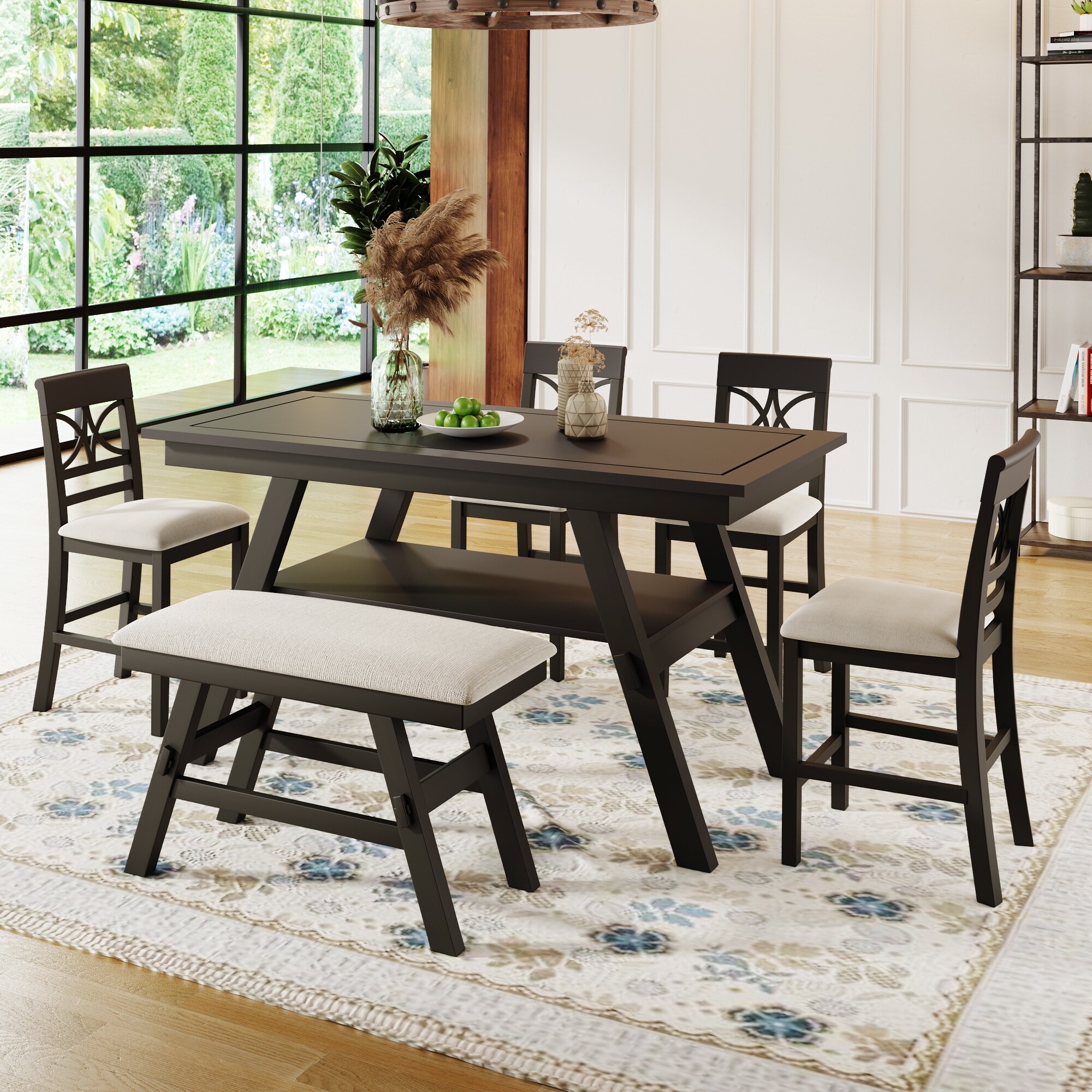 Rectangular Table Set with Upholstered Bench 4 Chairs Espresso
