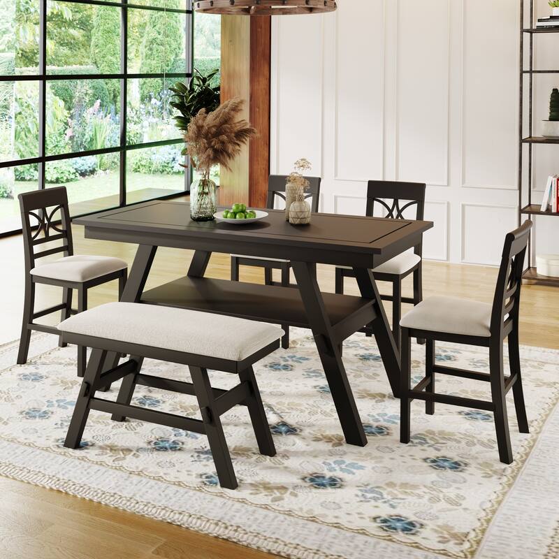 Rustic Kitchen Table Set with Bench and 4 Chairs, 6-Piece Wood Counter Height Dining Table Set with Storage Shelf