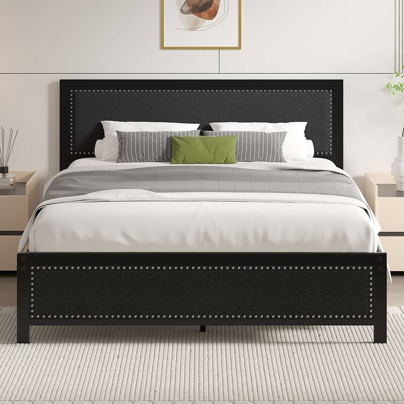 Metal Bed Frame with Linen Upholstered Nailhead Headboard, Platform Bed with 12.6" Under Bed Storage, No Box Spring Needed - Black - Queen