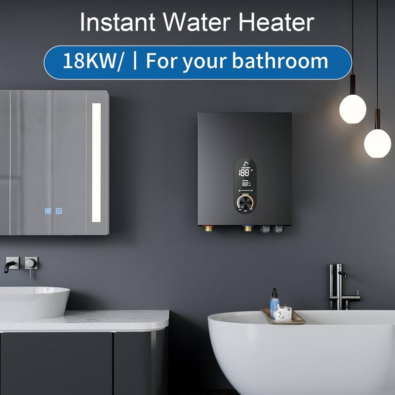 18KW Tankless Electric Water Heater, On Demand Instant Hot Water Heater with LED Temperature Display, 240V Wall Mounted