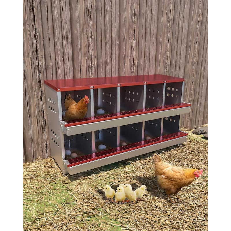 10-Compartment Metal Chicken Nesting Box, Waterproof Egg Laying Box - Red 10 Compartments