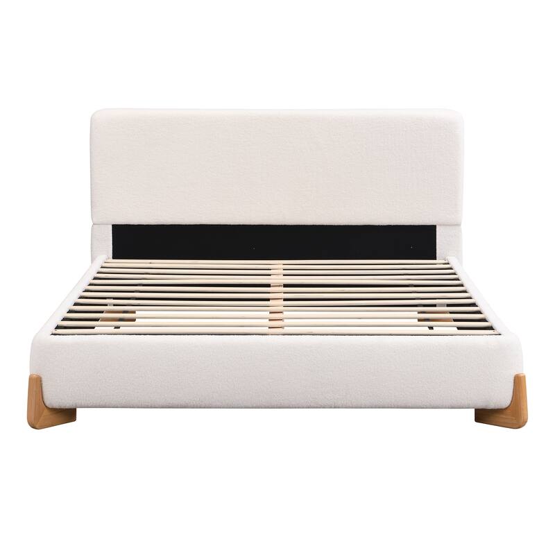 Elegant White Boucle Upholstered Frame Platform Bed, Low Profile Grounded Bed with Solid Wood Feet, Wood Slats and Support Legs