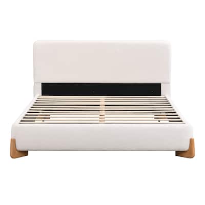 Wood Platform Bed Frame with Unique Bed Legs, 12 Wooden Slats and Arc Craft Headboard, Comfortable Sleep Boucle Upholstered Bed