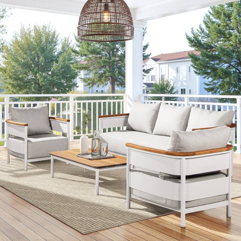 Rhodes Upholstered Teak & Aluminum Outdoor Patio Conversation Set - Sofa, 2 Chairs, Coffee Table - Birch Gray Chenille