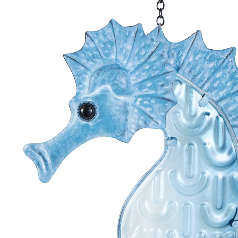 Blue Metal Swirl Wind Spinner Sea Horse Windchime with Starfish Accent