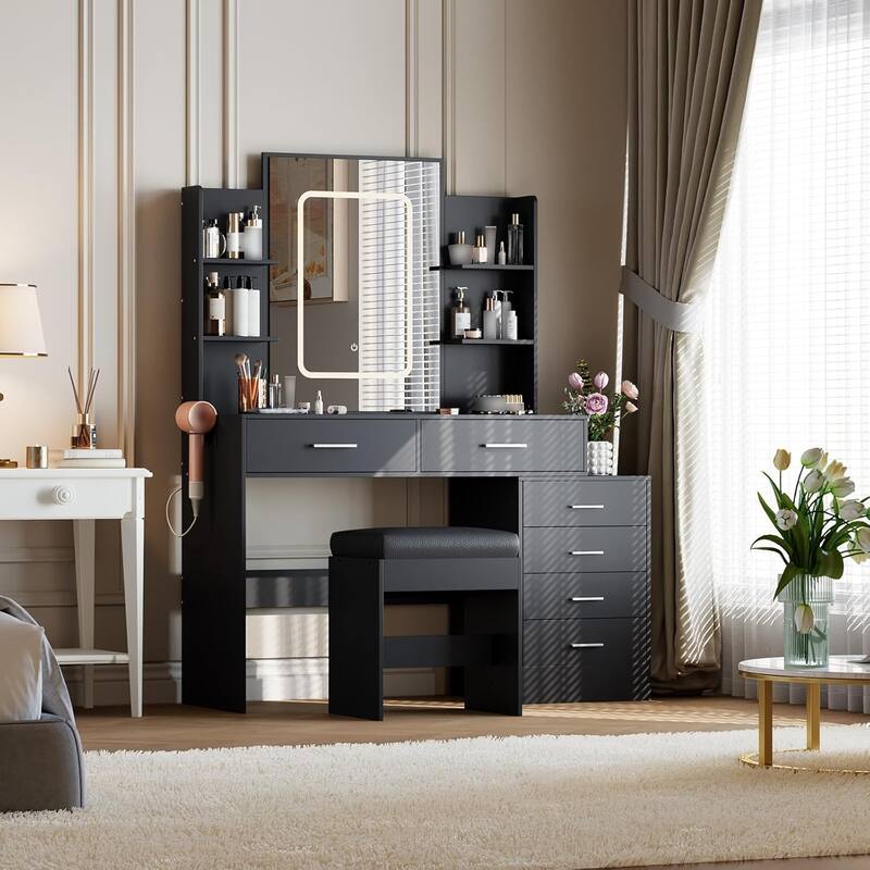 Vanity Desk with Mirror, LED Lights & Power Outlet, Makeup Table with 6 Drawers, 6 Shelves & Stool for Bedroom