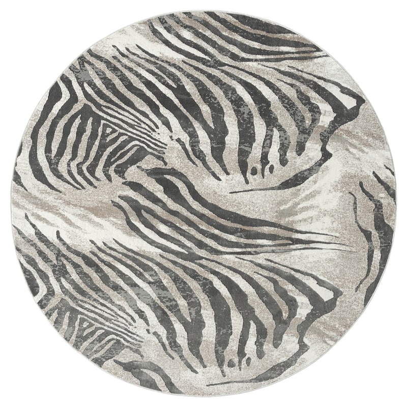 N Natori Serengeti Zebra Print Area Rug - 6'7" Round - Charcoal