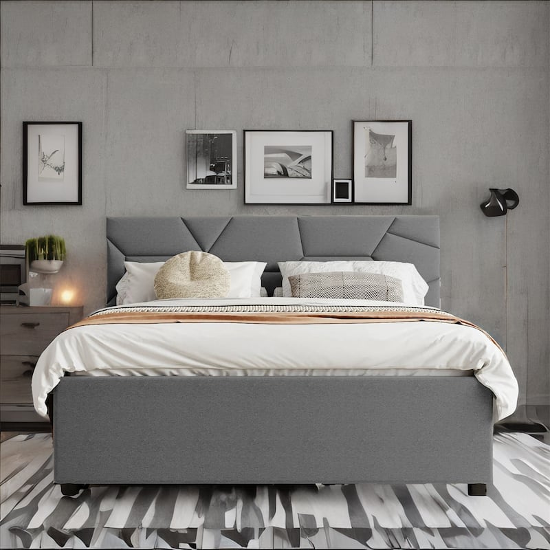 Queen Size Linen Platform Bed with Twin Size Trundle and Drawers - Grey