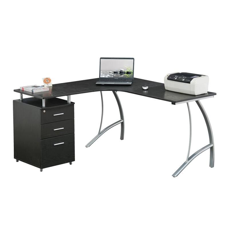Contemporary L-Shaped Desk with Built-in Storage Cabinet, File Drawer, and Scratch-Resistant Steel Legs