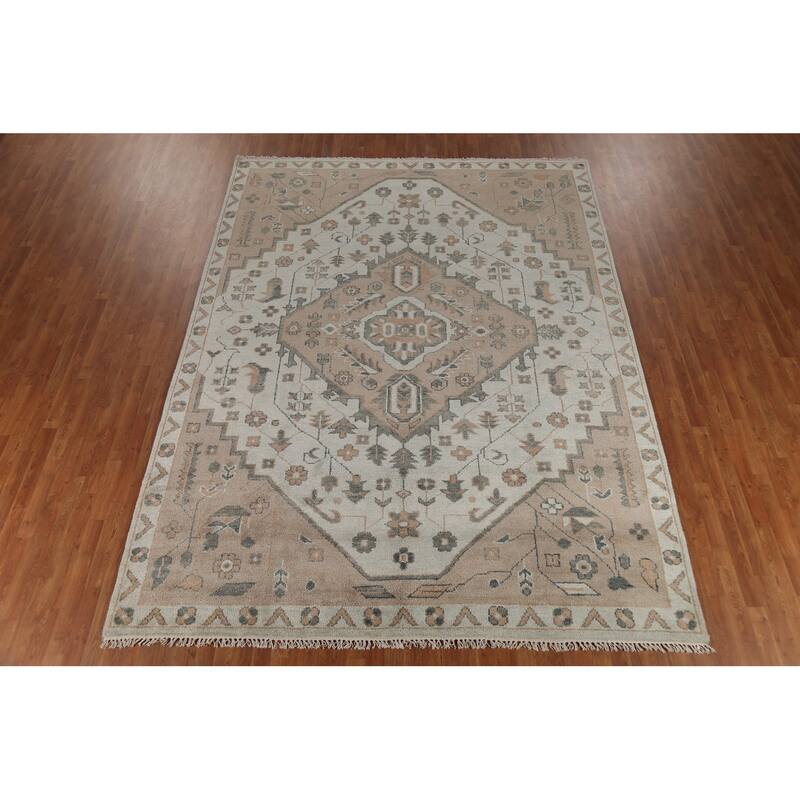 Geometric Heriz Serapi Indian Area Rug Handmade Grey Wool Carpet - 8'11" x 11'10"