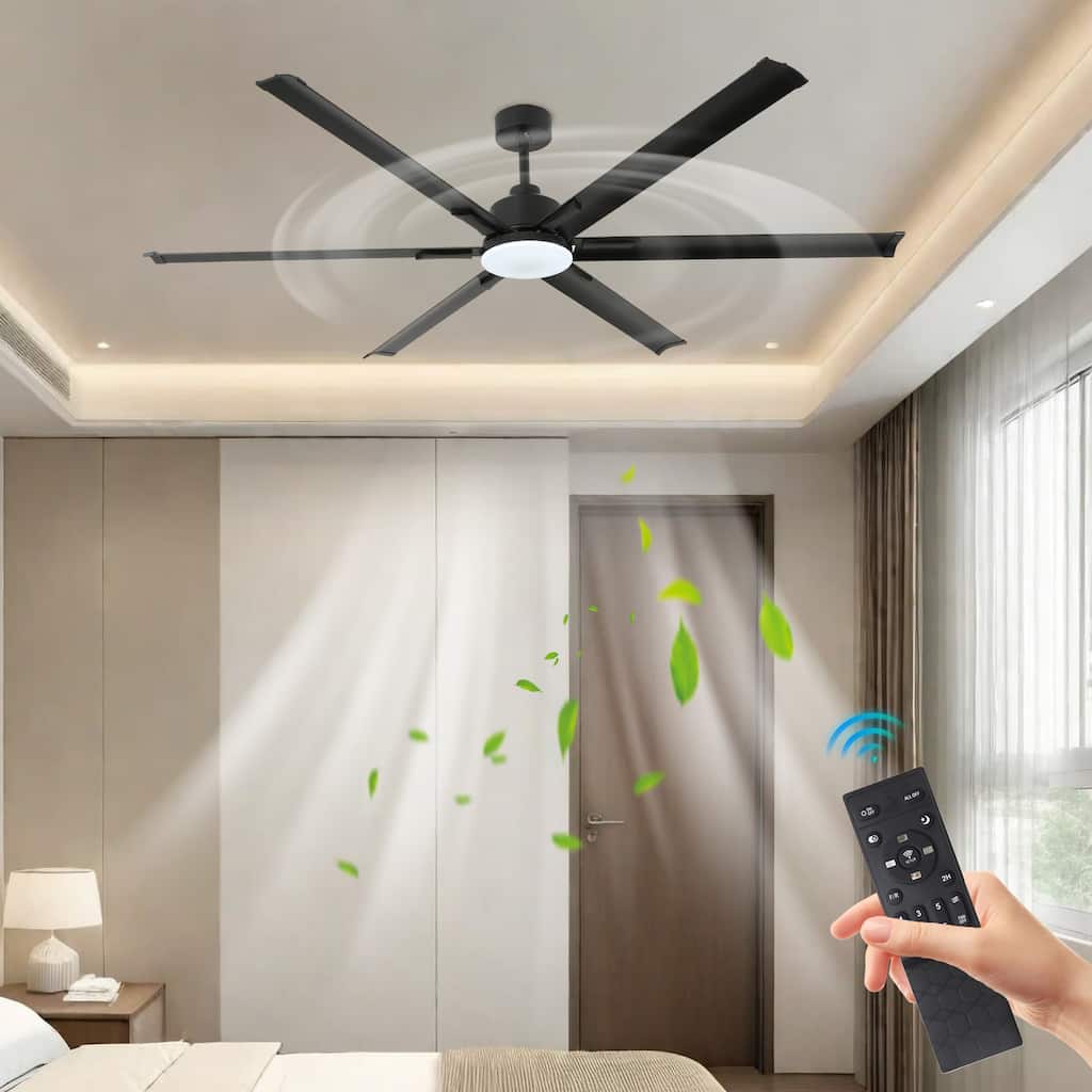60"/72"/84" Black Modern Downrod Mount Ceiling Fan with LED Light, 6 Aluminum Blades, DC Motor, 6 Speed Reversible