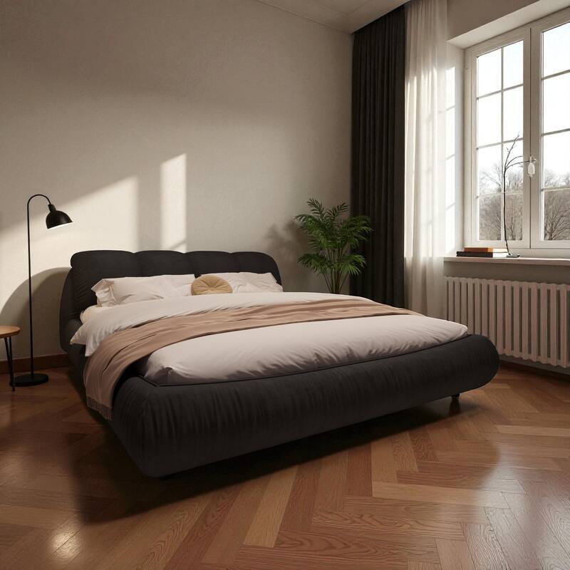 Queen/King Size Luxury Upholstered Platform Bed with Oversized Padded Headboard, Solid Wood Frame & Adjustable Mattress Height