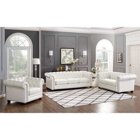 Hydeline Monaco Leather Chesterfield Sofa Set, Sofa, Loveseat and Chair with Feather, Memory Foam and Springs