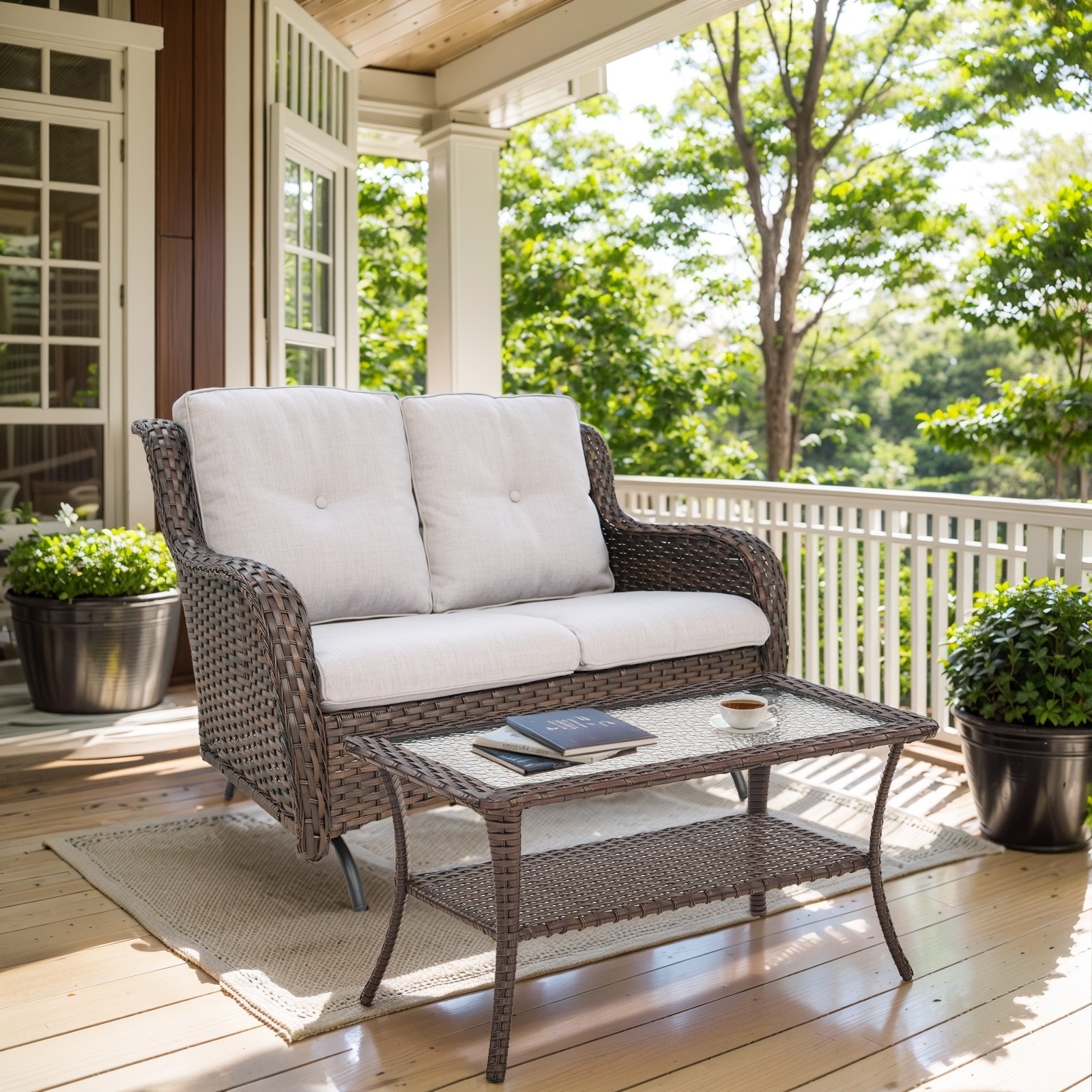 Outdoor Patio Loveseat with Table Brown Wicker - Beige cushion