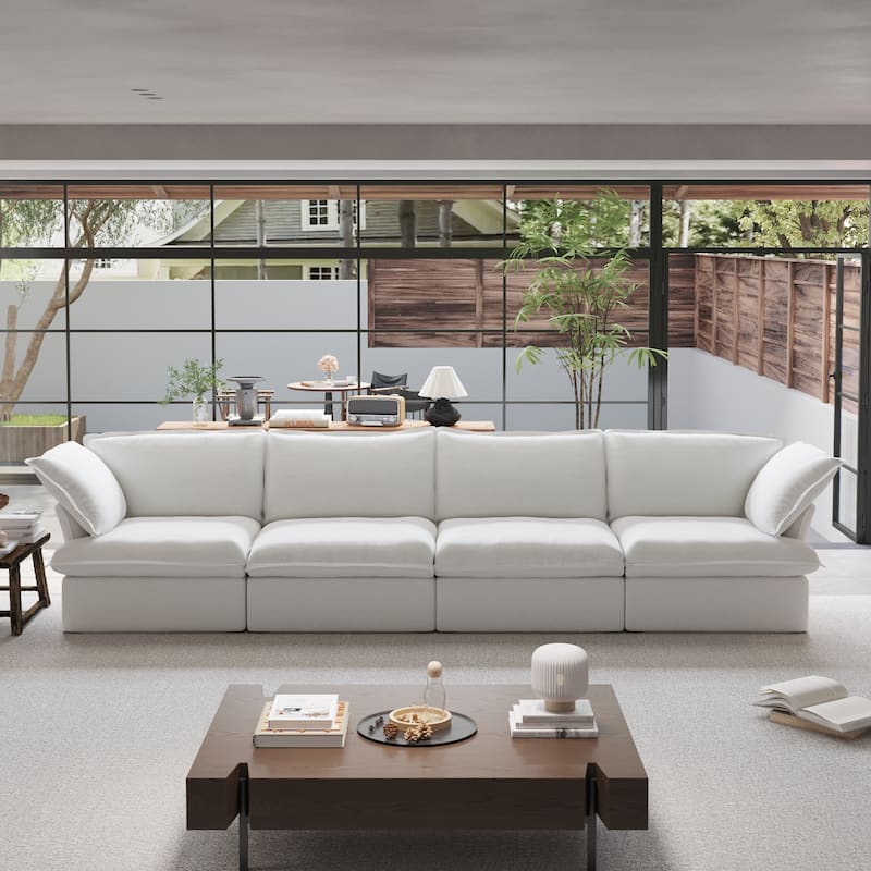 Modern Comfy Cloud Sofa Couch, Minimalist Down-Filled Sectional Sofas Couches, Cushion Covers Removable - 4 Seats+White