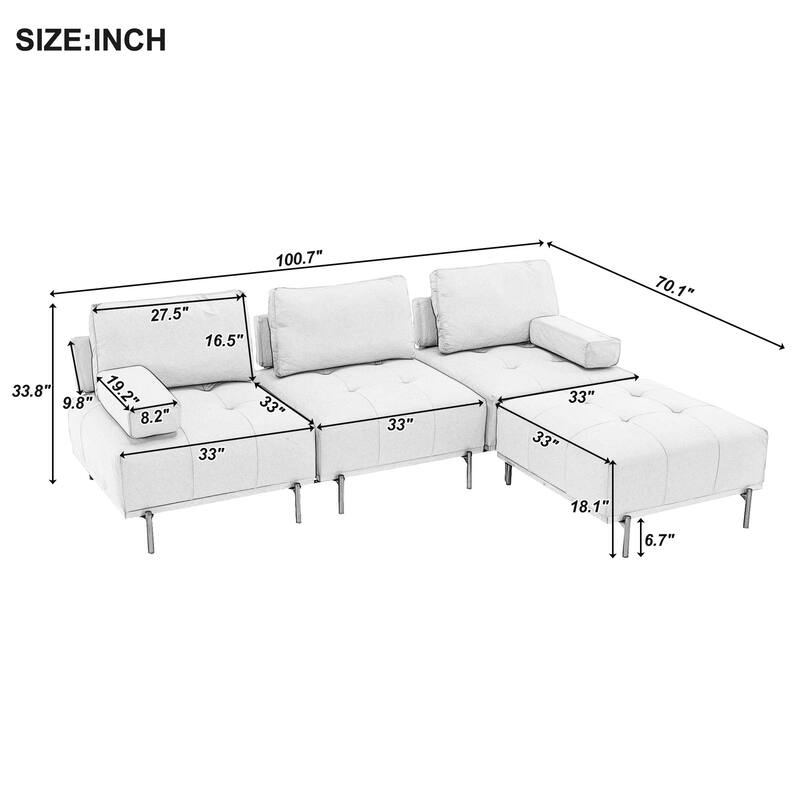 Beige 100.7'' L-Shaped 3 Seat Sectional Sofa Couch with Movable Ottoman and Removable Back Cushions for Living Room