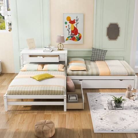 L-Shaped Platform Bed with Built-in Table, Trundle, Drawers