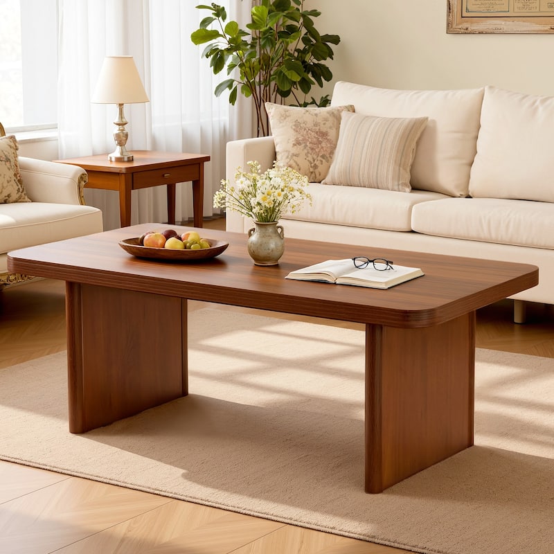 47-Inch Rectangular Center Coffee Table with Solid Pine Wood Legs - 47.24"L x 23.62"W x 17.13"H - Walnut